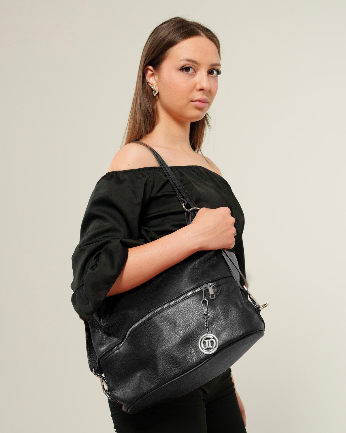 Borsa Spalla Zaino Donna Monia Vera Pelle Nero Elegante Funzionale