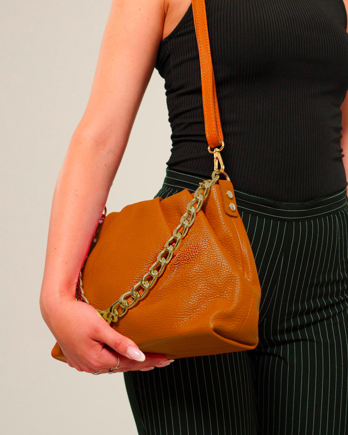 Borsa Spalla Tracolla a Mano Donna Lauretana Vera Pelle Cognac chiaro Elegante Morbida