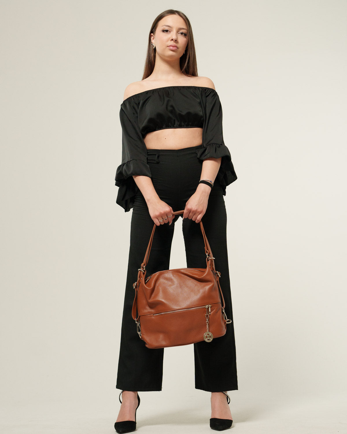 Borsa Spalla Zaino Donna Monia Vera Pelle Cognac Elegante Funzionale