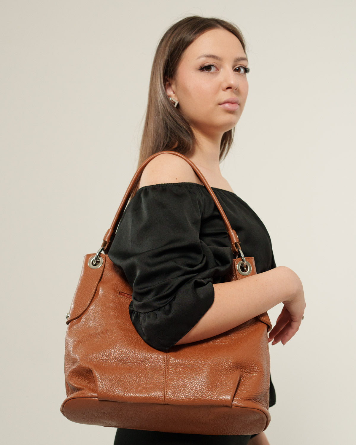Borsa spalla o a mano Donna Giuliana in vera pelle Cognac con zip