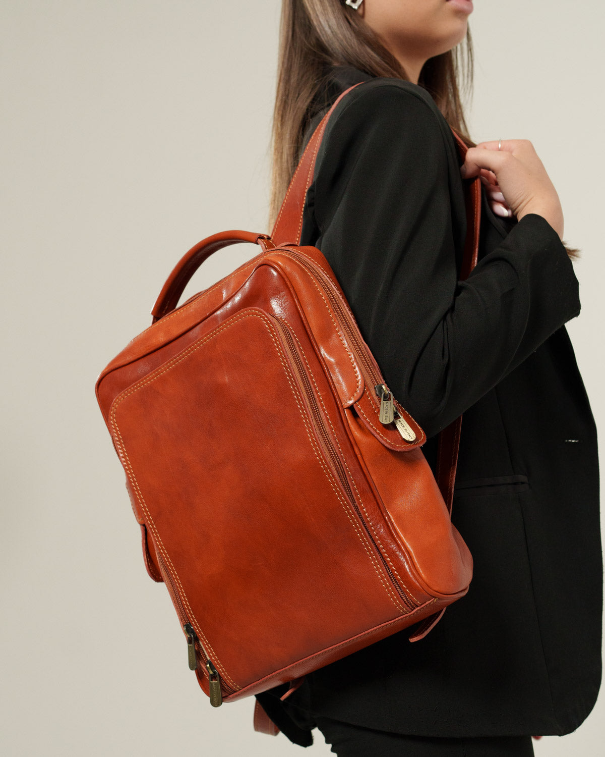 Maria Elena Women's Backpack in Genuine Cognac Leather with Laptop Compartment