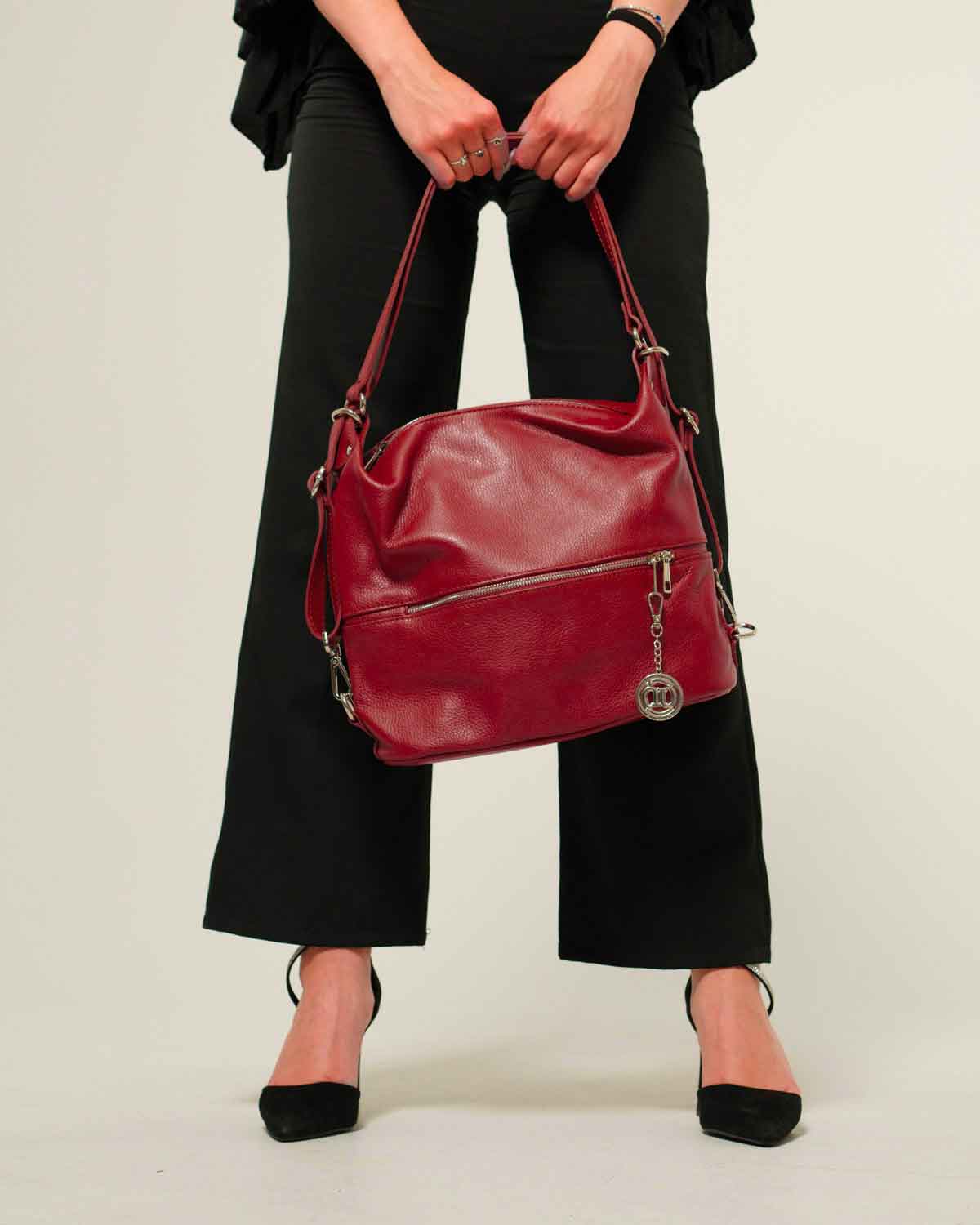 Borsa Spalla Zaino Donna Monia Vera Pelle Rosso Borgogna Elegante Funzionale
