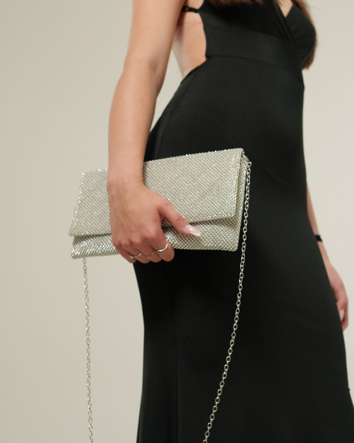 Sissi Women's Silver Shoulder Bag with Rhinestones and Chain Strap