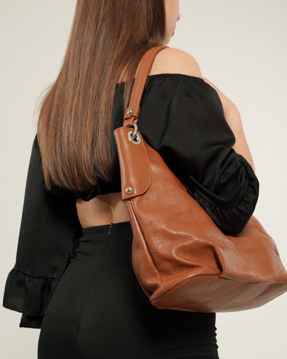 Borsa spalla o a mano Donna Giuliana in vera pelle Cognac con zip