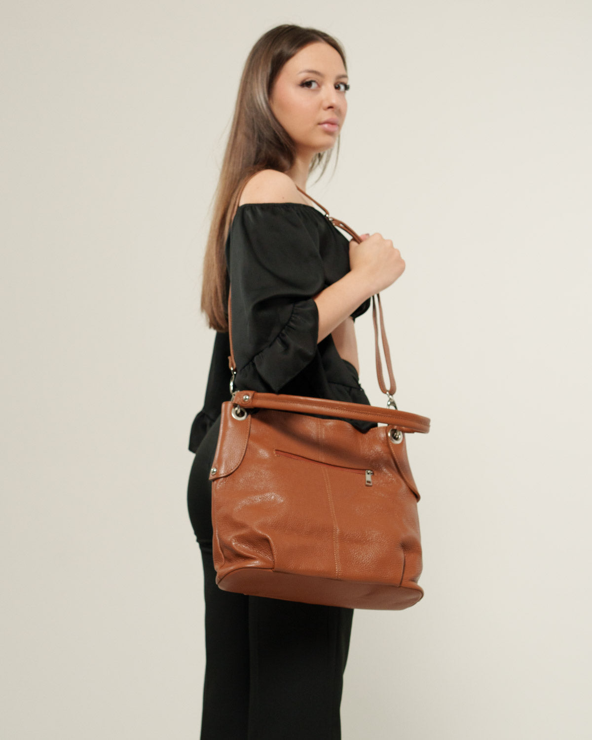 Borsa spalla o a mano Donna Giuliana in vera pelle Cognac con zip