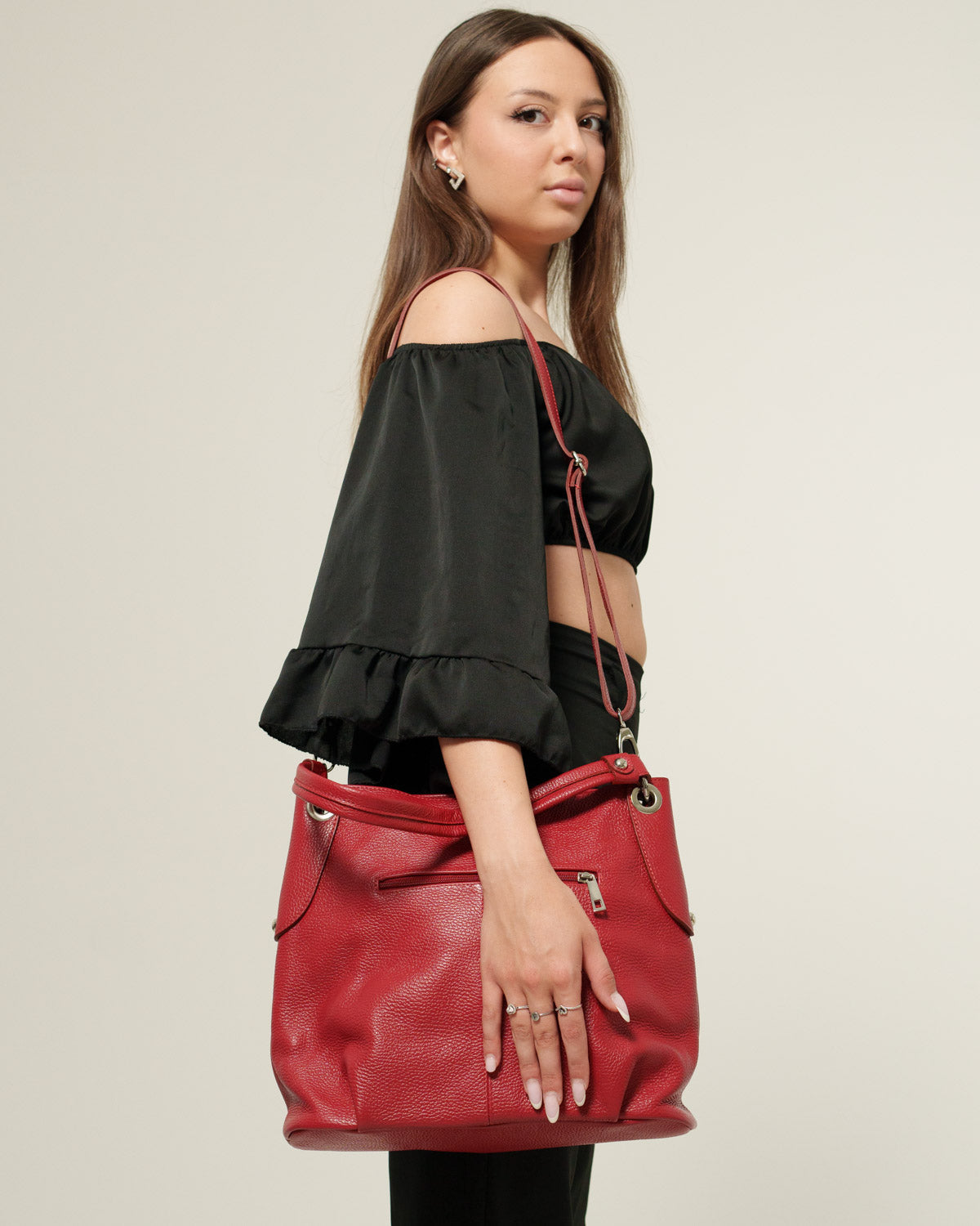 Borsa spalla o a mano Donna Giuliana in vera pelle Rosso con zip