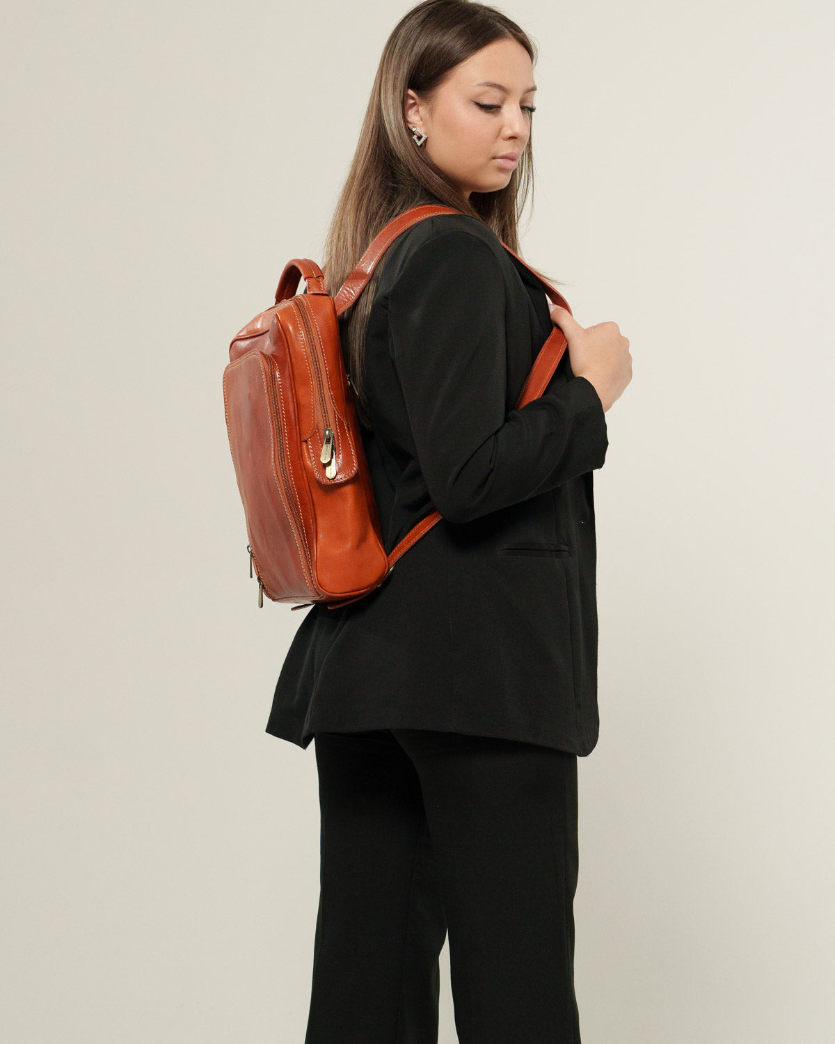 Maria Elena Women's Backpack in Genuine Cognac Leather with Laptop Compartment