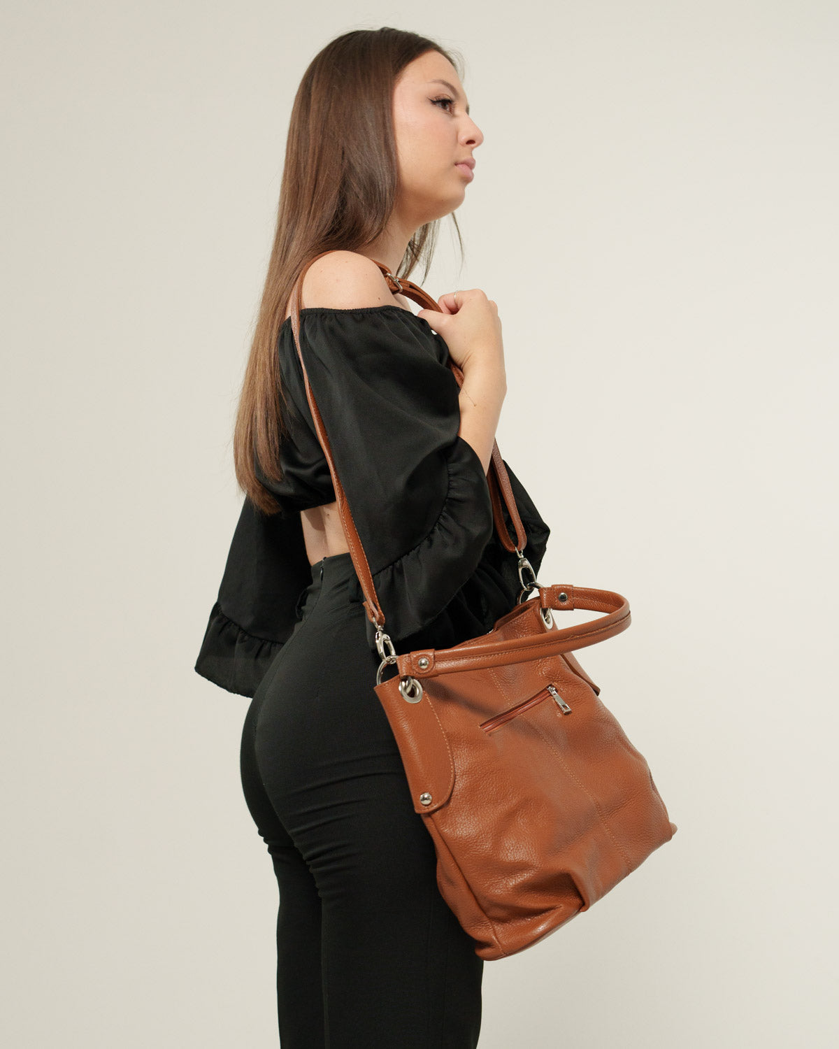 Borsa spalla o a mano Donna Giuliana in vera pelle Cognac con zip