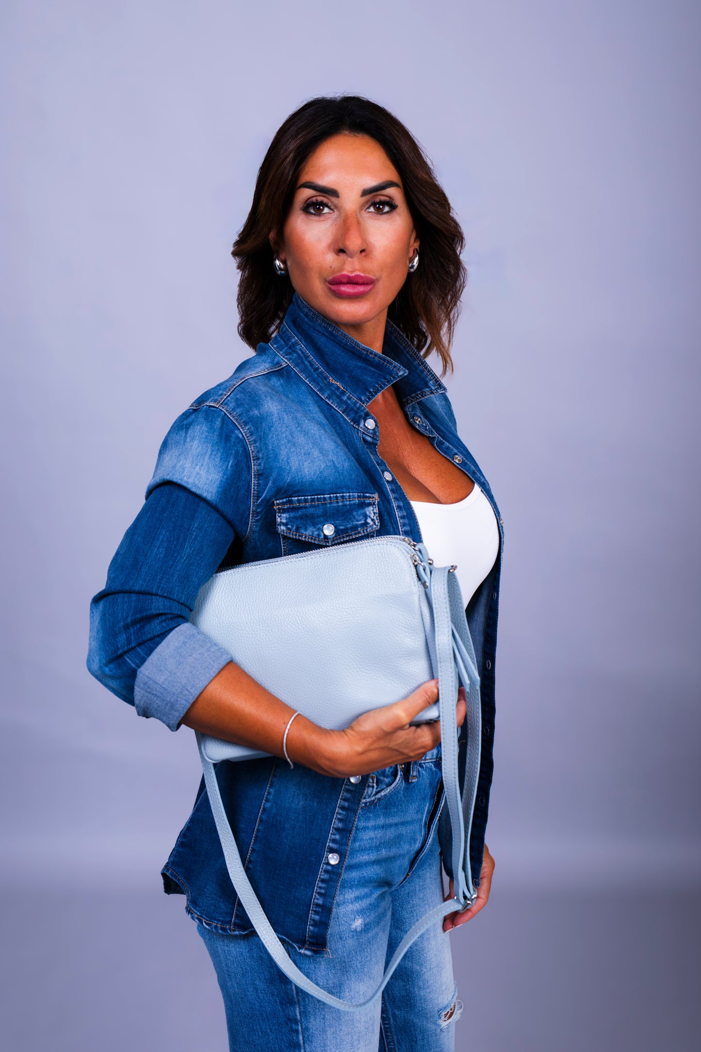 Borsa Donna Edivige Vera Pelle Celeste Doppia Zip Compatta Made in Italy