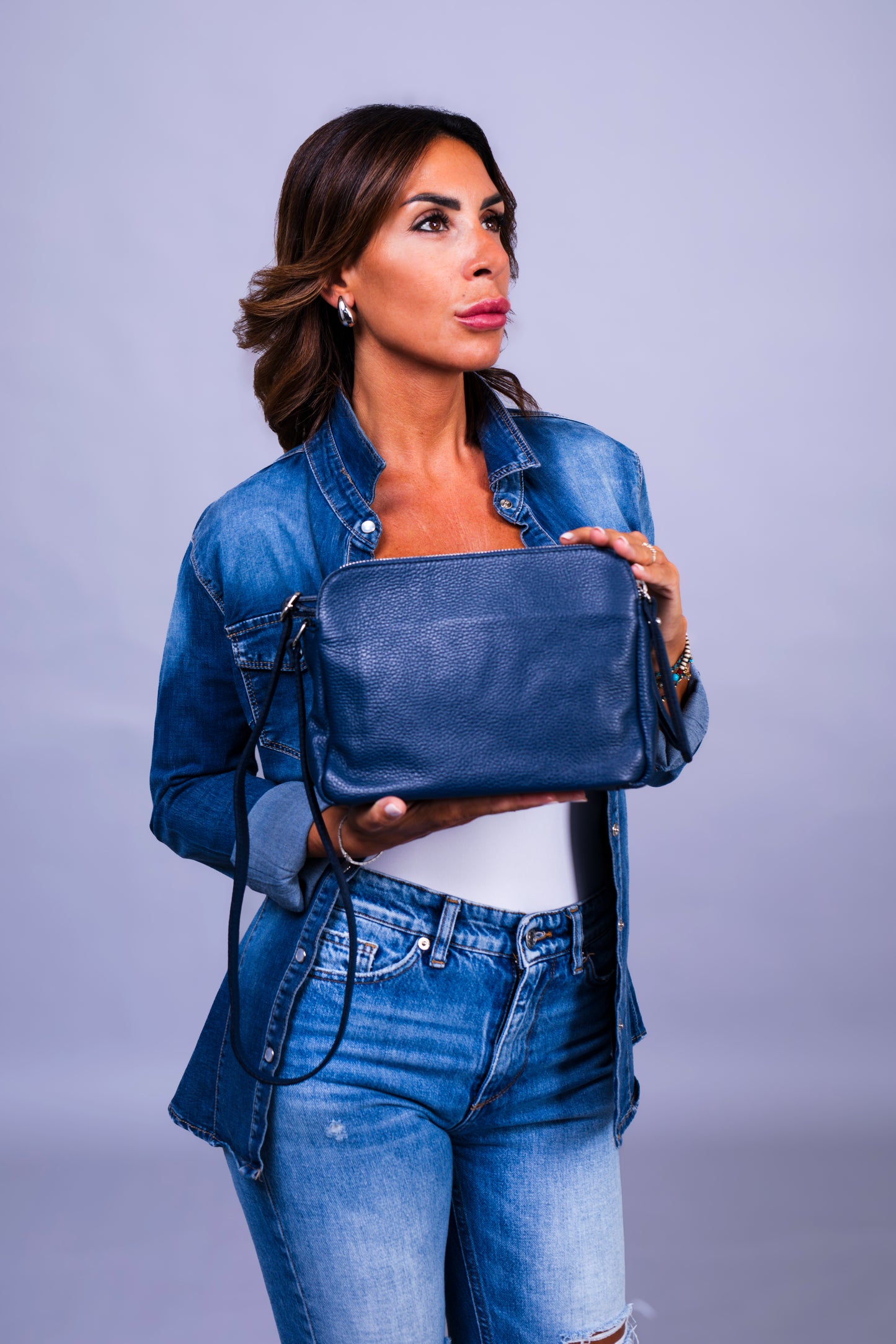 Borsa Donna Edvige Vera Pelle color Jeans Doppia Zip Compatta Made in Italy