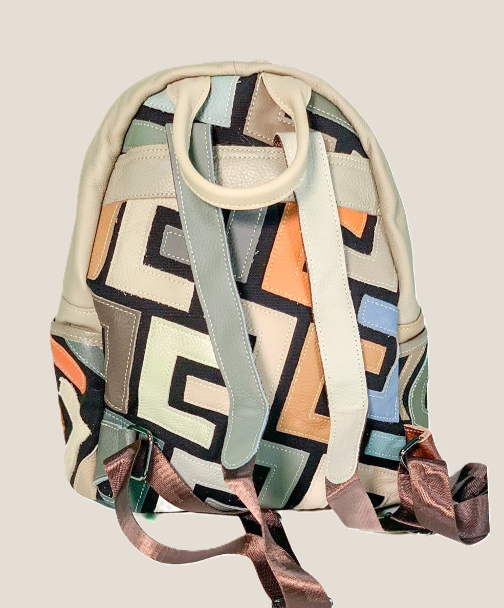 Zaino borsa a mano donna Katia in vera pelle chiaro geometrico multicolore