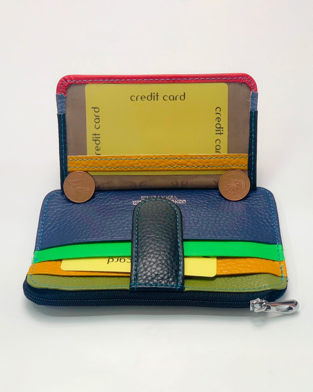 Zeus Men's Black Multi-Color Leather Card Holder and Coin Purse Made in Italy