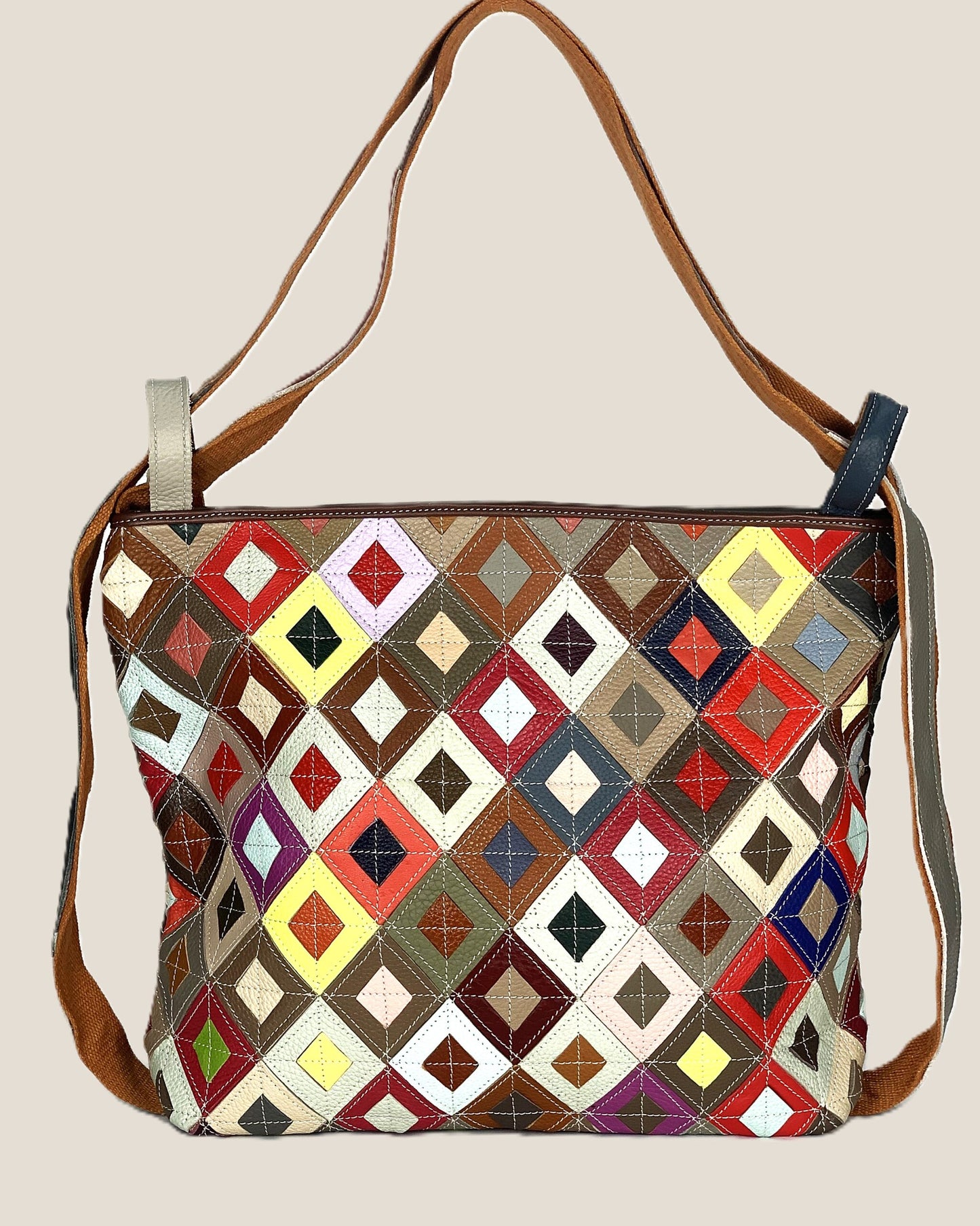 Borsa a spalla o Zaino donna Venusia in vera pelle modello Patchwork Multicolore rombo