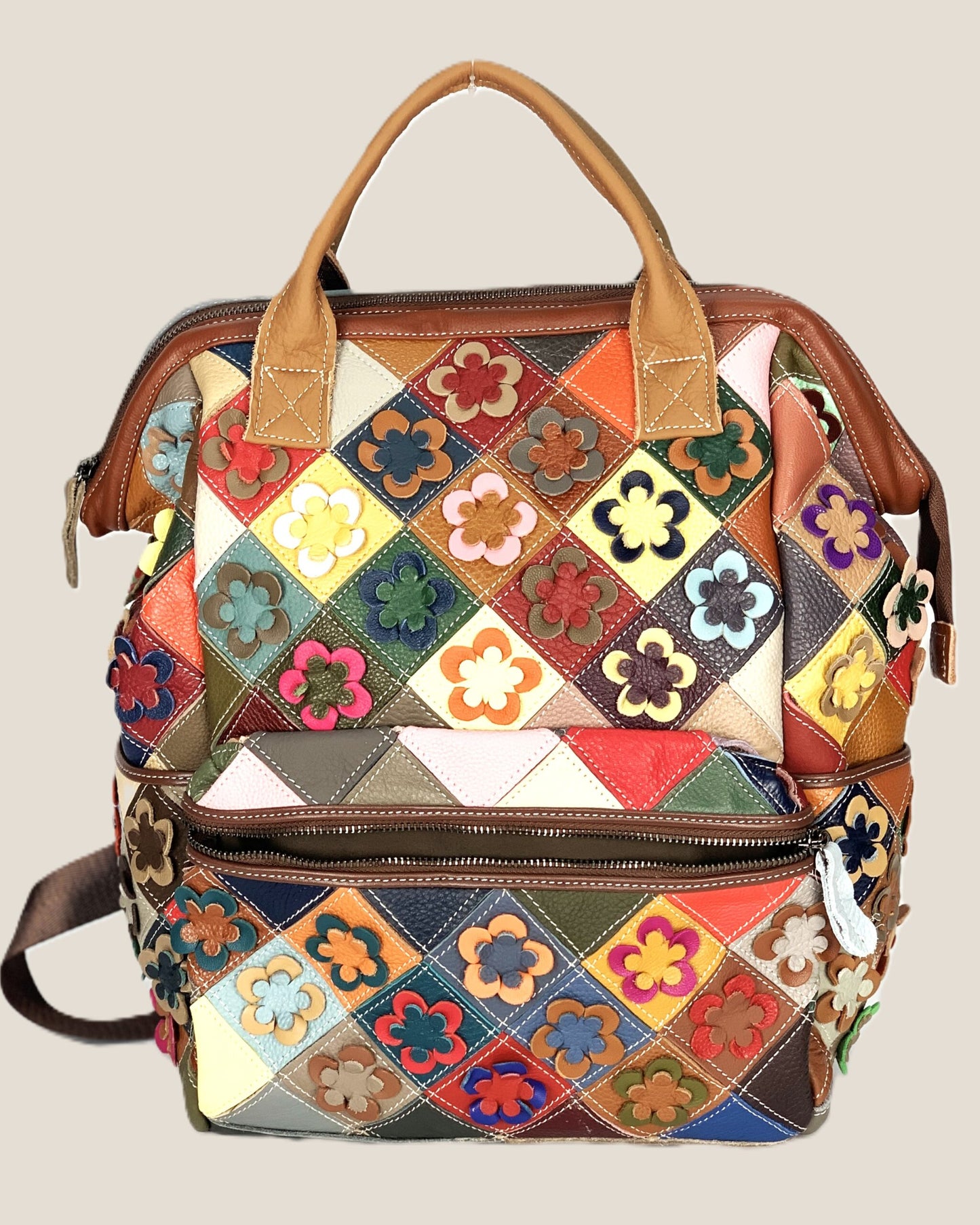 Zaino borsa a mano Valeria in vera pelle modello patchwork multicolore fiorellini