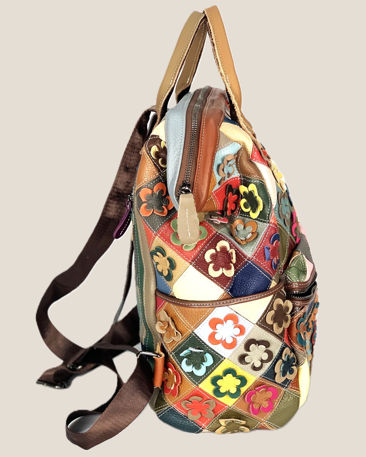 Zaino borsa a mano Valeria in vera pelle modello patchwork multicolore fiorellini