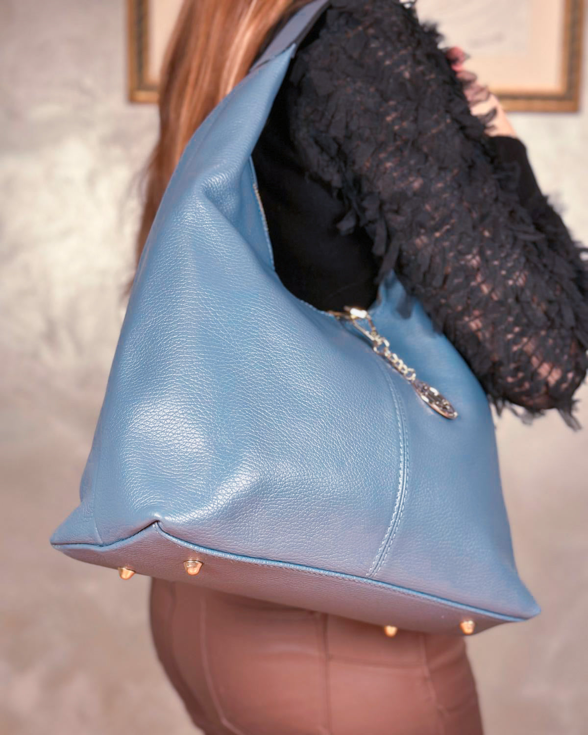 Borsa Spalla Hobo Donna Laura Vera Pelle Ceruleo Azzurro