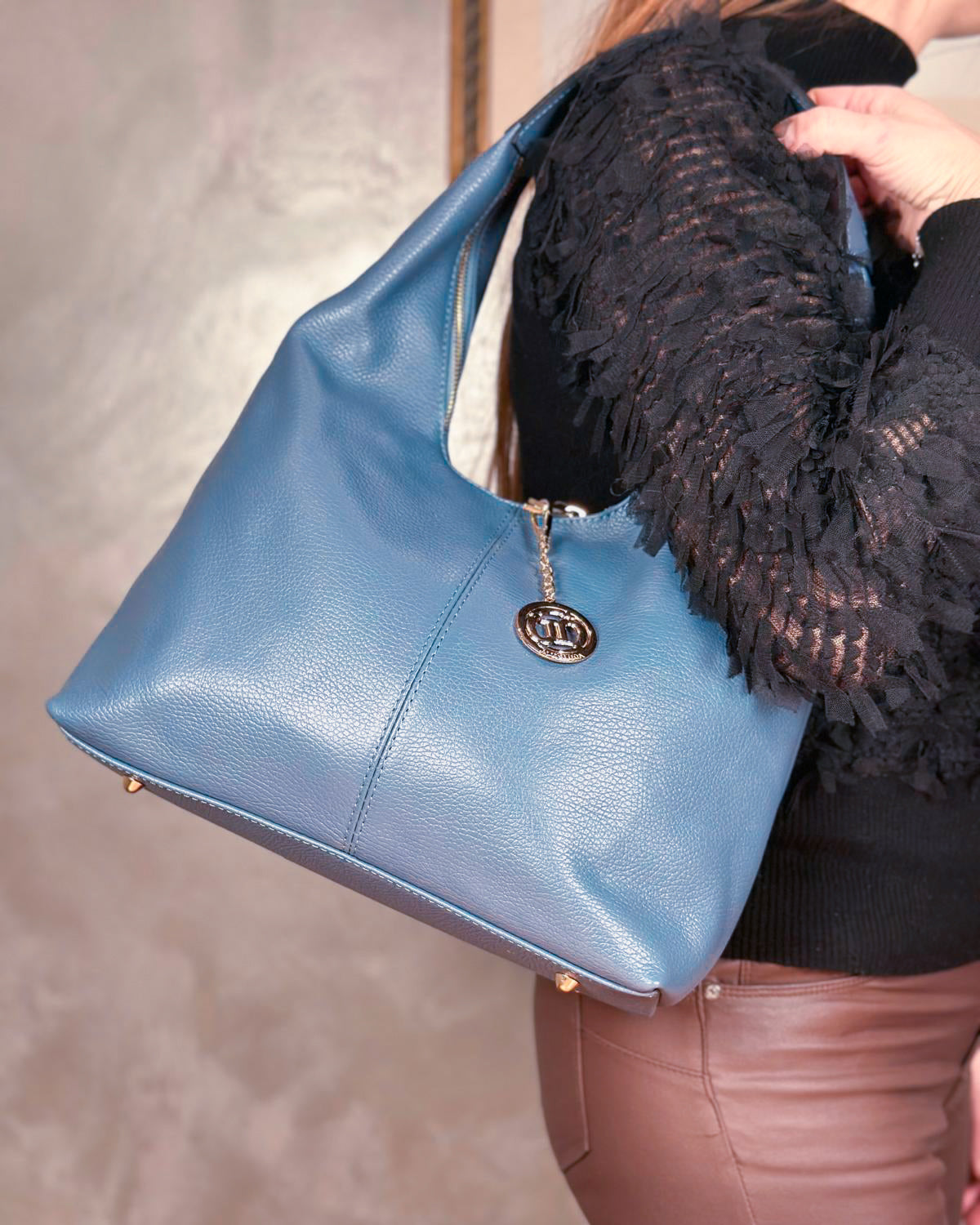 Borsa Spalla Hobo Donna Laura Vera Pelle Ceruleo Azzurro