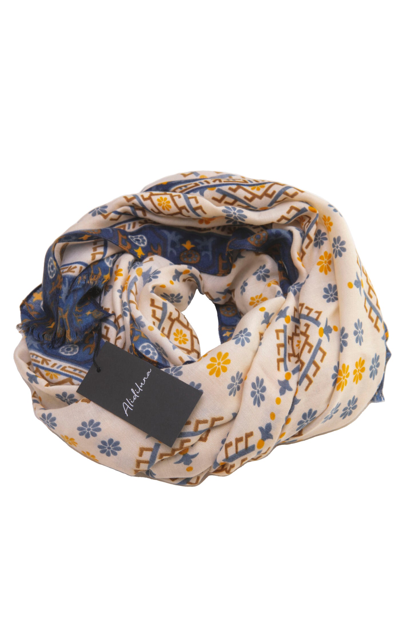 Sciarpa, foulard, Pashmina Uomo/Donna in Lana e Acrilico Bianco Panna con motivi vari