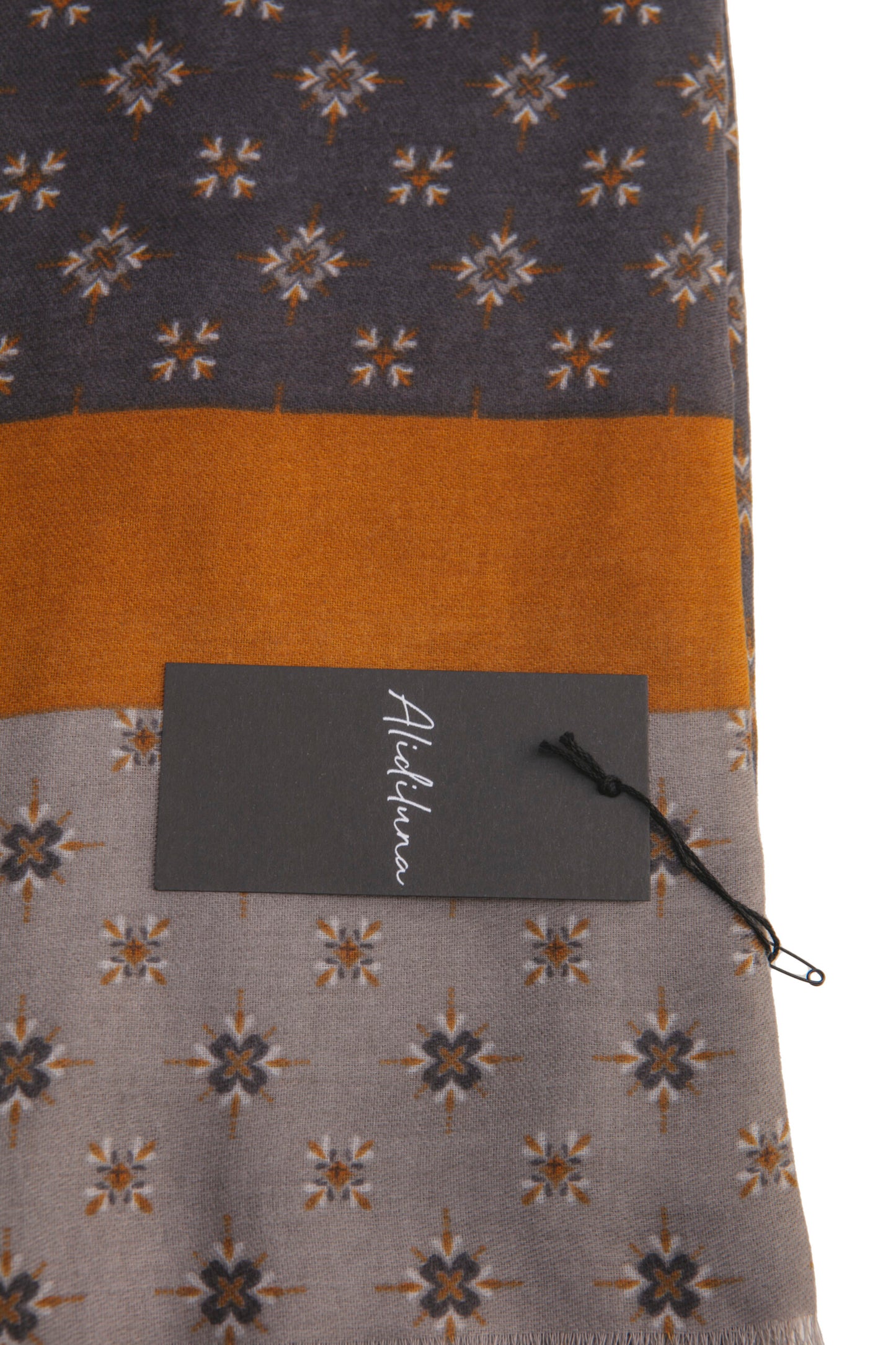 Sciarpa, foulard, Pashmina Uomo/Donna in Lana e Acrilico Grigio scuro motivi geometrici con fascia ocra e grigio chiaro