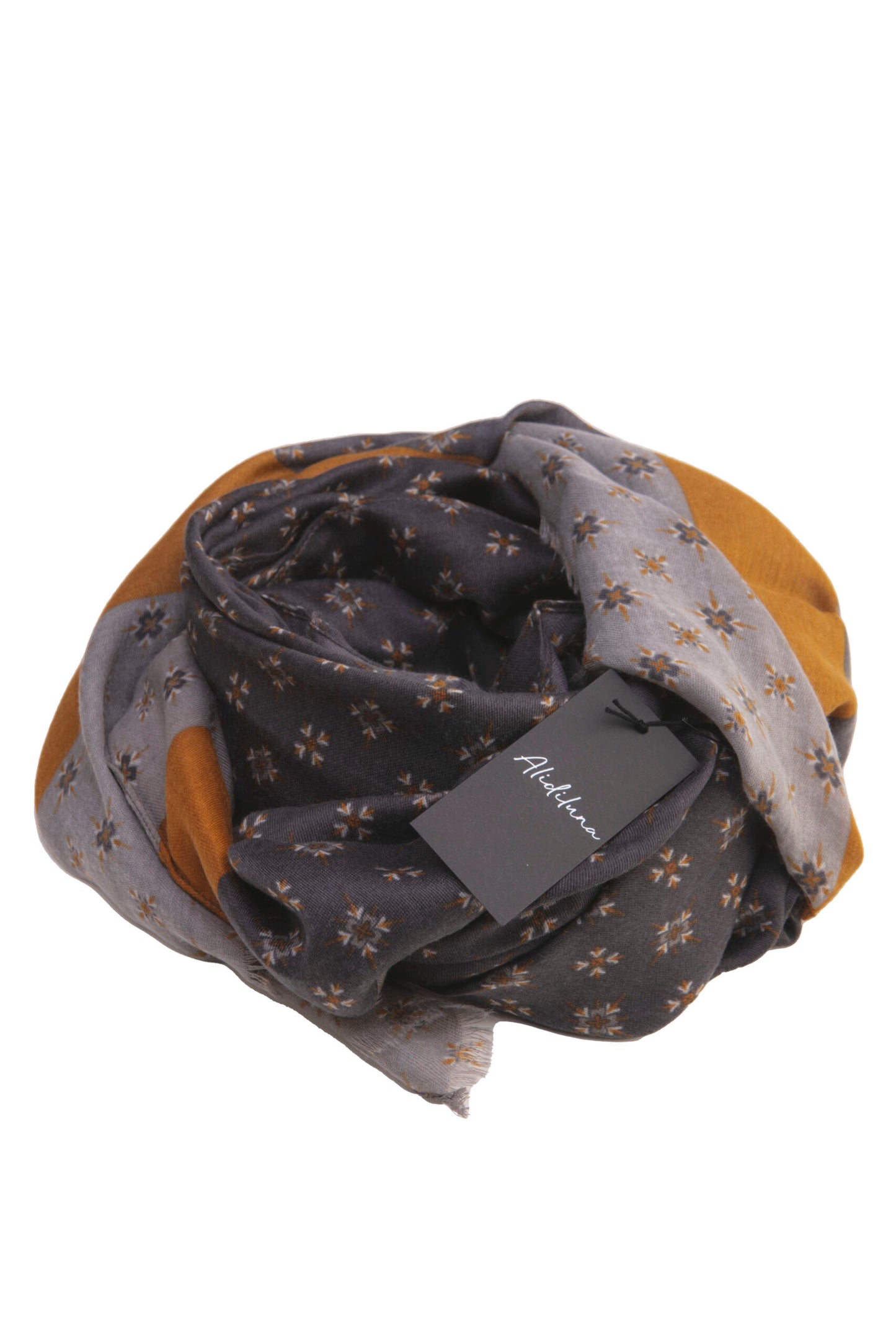 Sciarpa, foulard, Pashmina Uomo/Donna in Lana e Acrilico Grigio scuro motivi geometrici con fascia ocra e grigio chiaro