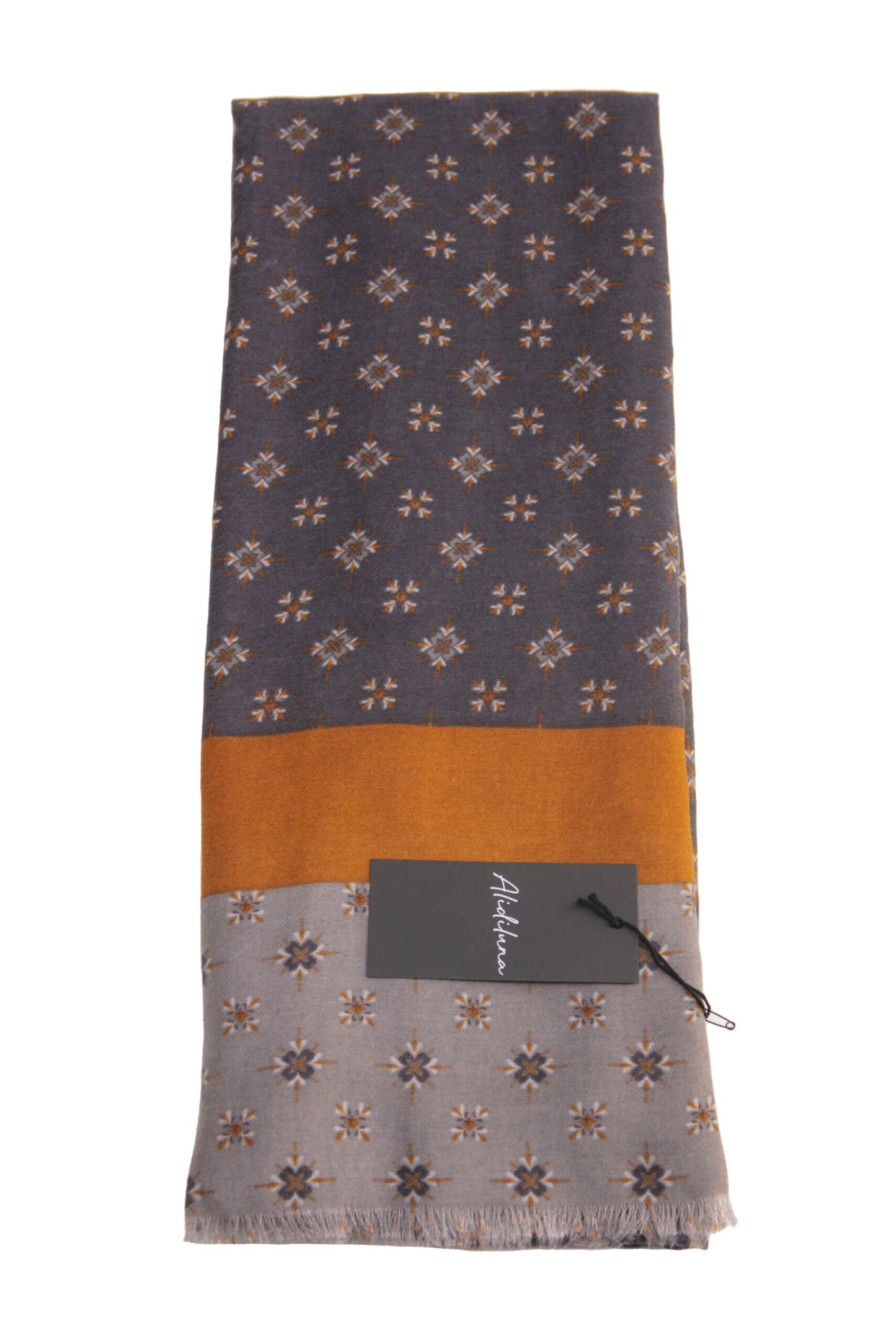 Sciarpa, foulard, Pashmina Uomo/Donna in Lana e Acrilico Grigio scuro motivi geometrici con fascia ocra e grigio chiaro