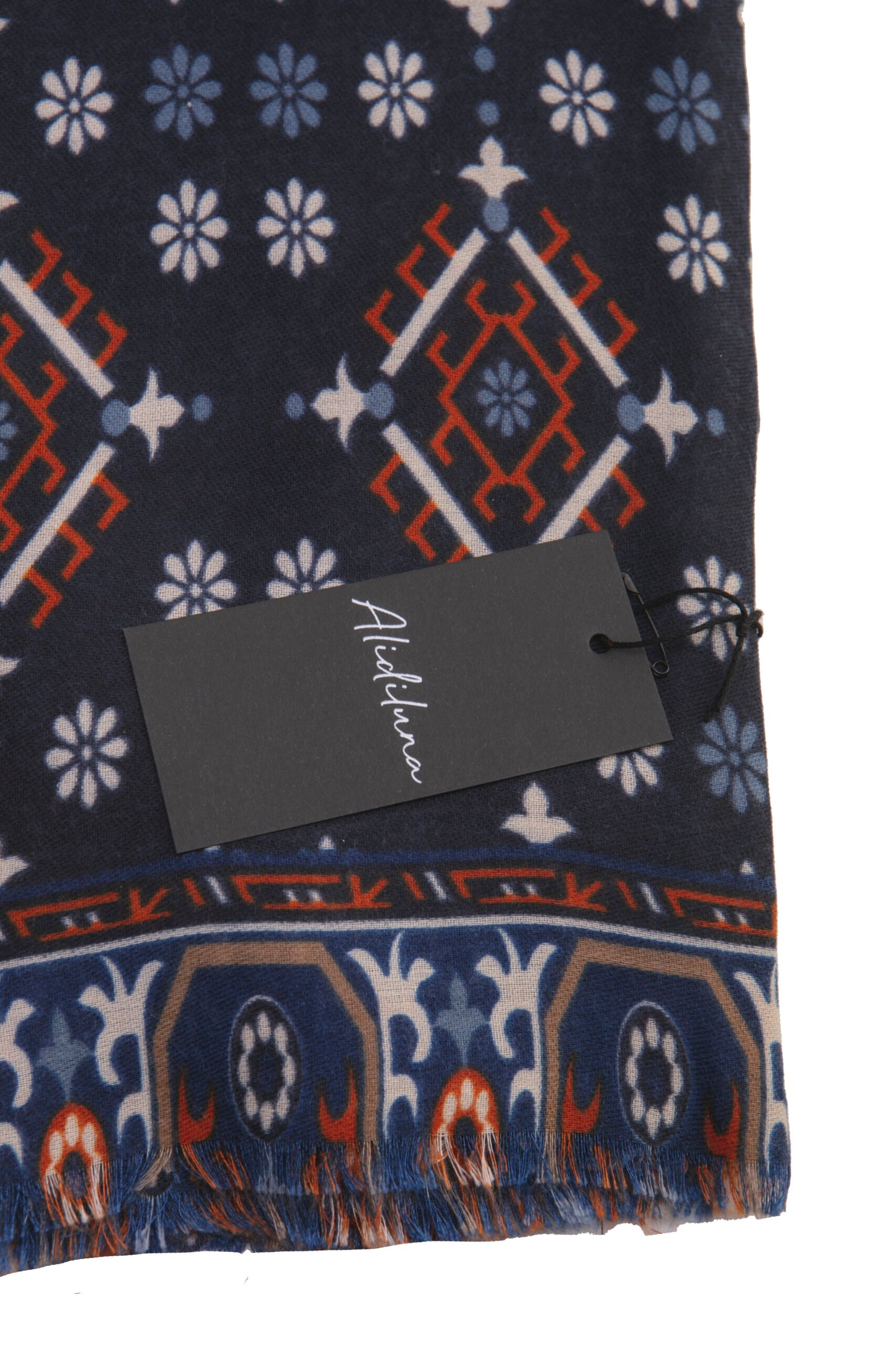 Sciarpa, foulard, Pashmina Uomo/Donna in Acrilico e Lana Blu con motivi geometrici Arancioni Bianchi