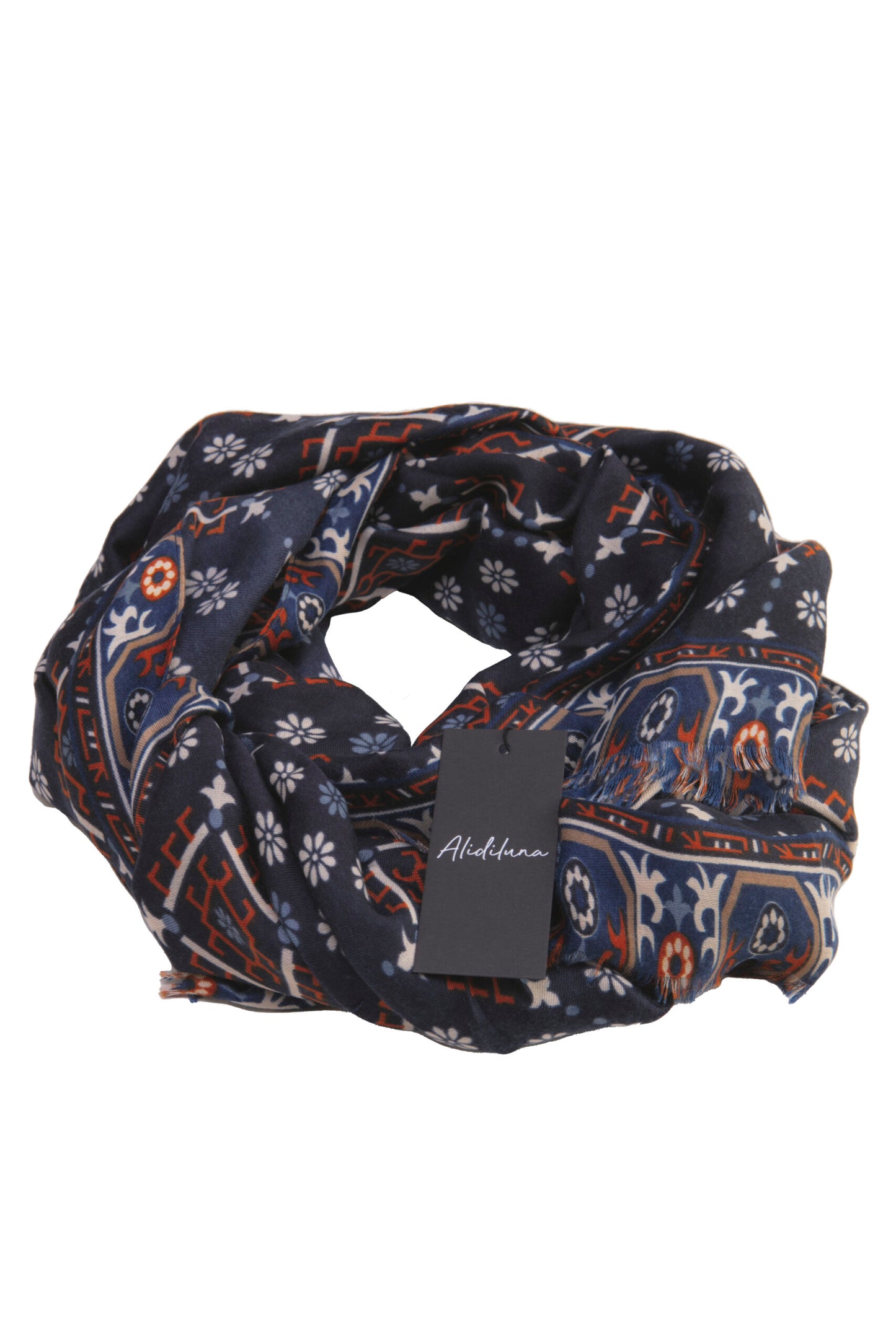 Sciarpa, foulard, Pashmina Uomo/Donna in Acrilico e Lana Blu con motivi geometrici Arancioni Bianchi