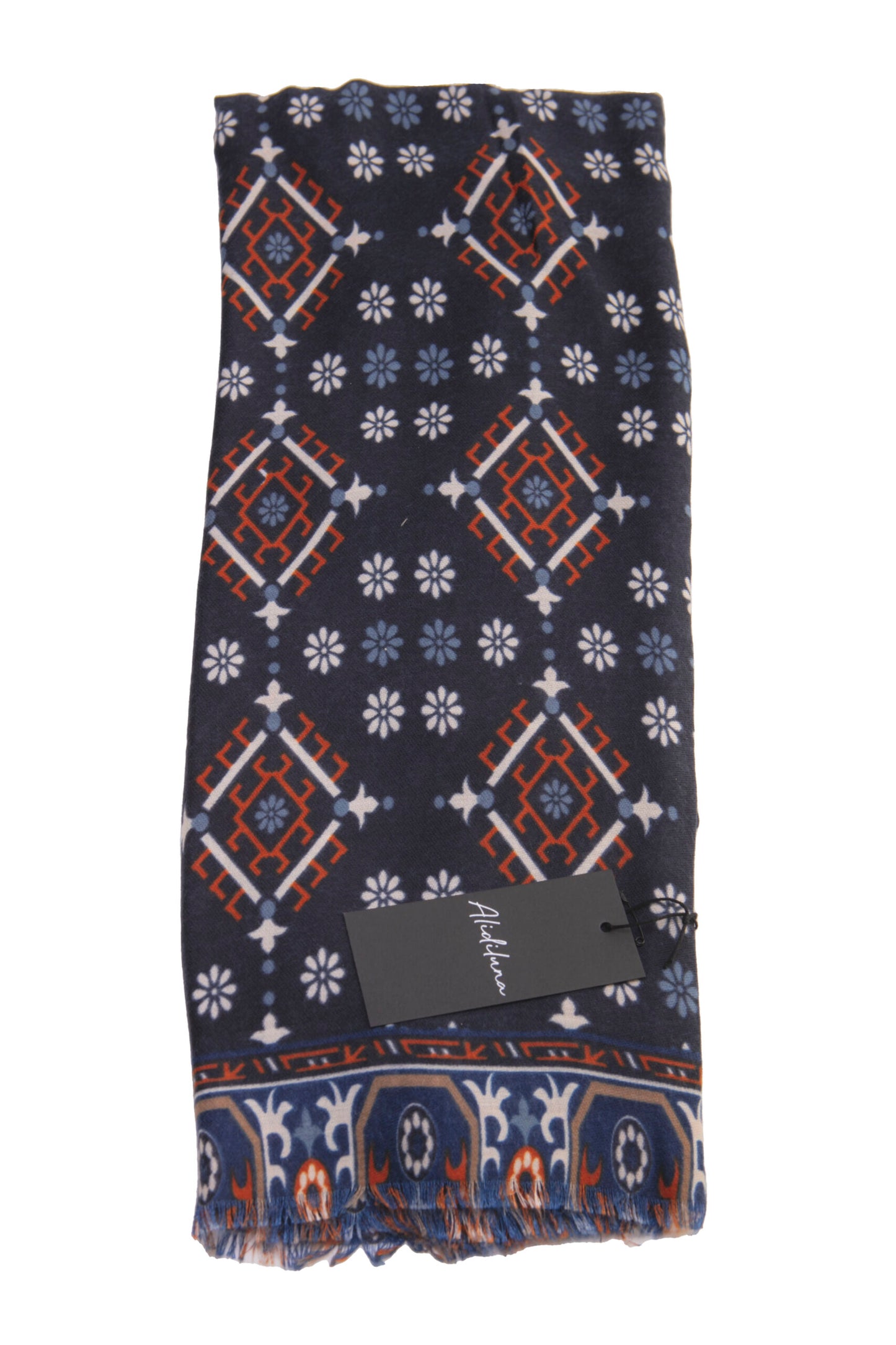 Sciarpa, foulard, Pashmina Uomo/Donna in Acrilico e Lana Blu con motivi geometrici Arancioni Bianchi