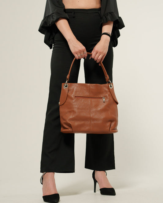 Borsa spalla o a mano Donna Giuliana in vera pelle Cognac con zip