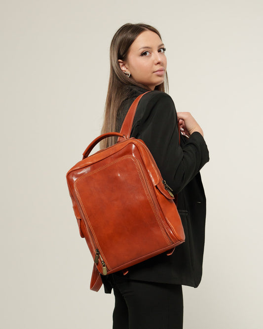 Maria Elena Women's Backpack in Genuine Cognac Leather with Laptop Compartment