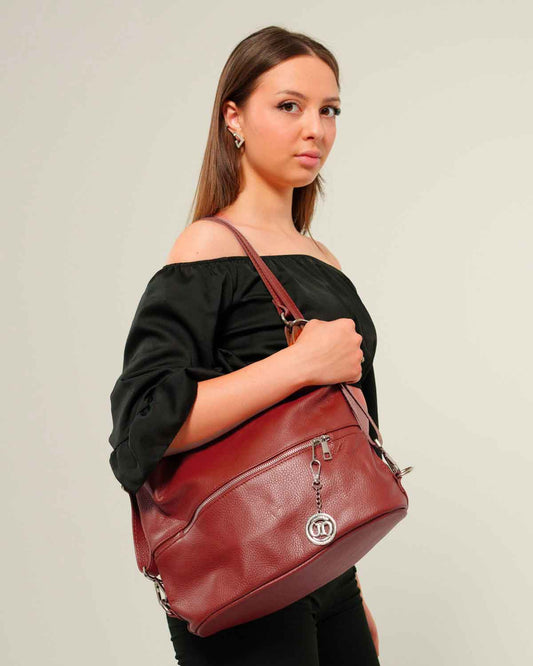Borsa Spalla Zaino Donna Monia Vera Pelle Rosso Borgogna Elegante Funzionale
