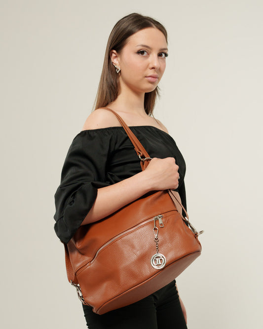 Borsa Spalla Zaino Donna Monia Vera Pelle Cognac Elegante Funzionale