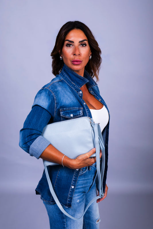 Borsa Donna Edivige Vera Pelle Celeste Doppia Zip Compatta Made in Italy