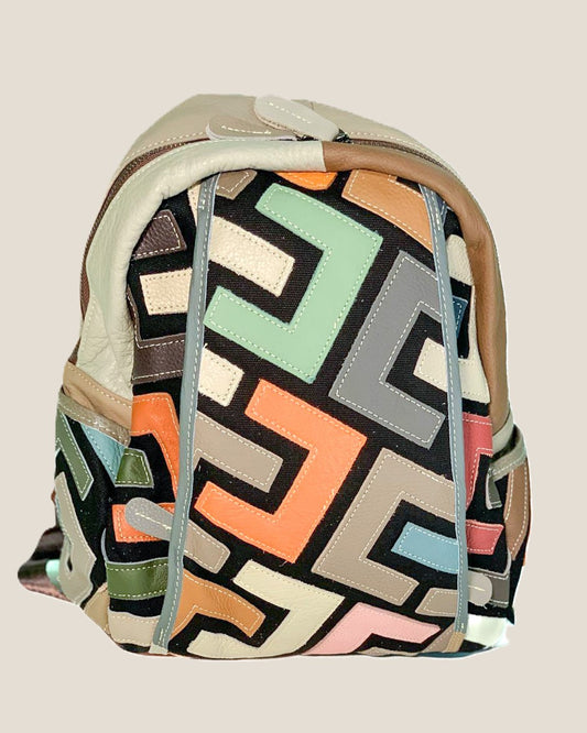 Zaino borsa a mano donna Katia in vera pelle chiaro geometrico multicolore