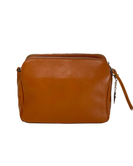 Borsa Tracolla Donna Edvige Vera Pelle Cognac Doppia Zip Compatta