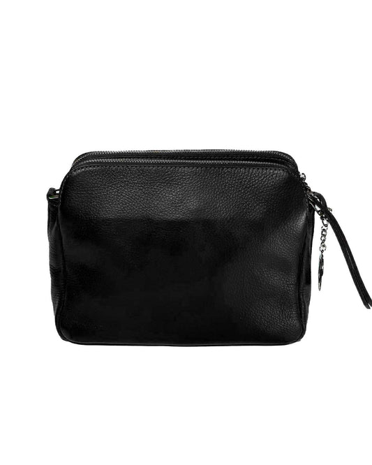 Borsa Tracolla Donna Edvige Vera Pelle Nero- Cognac-Rosso Doppia Zip Compatta - Nero