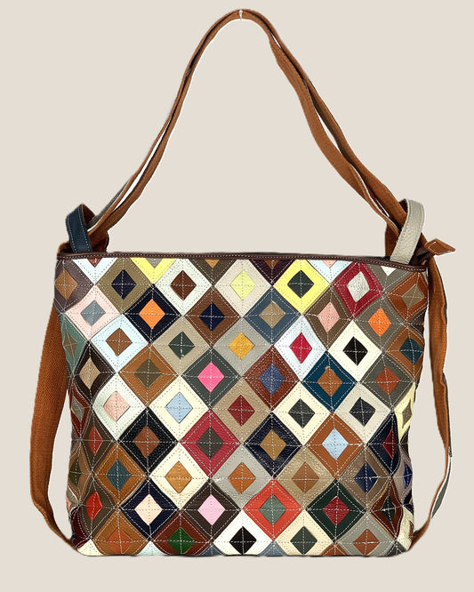 Borsa a spalla o Zaino donna Venusia in vera pelle modello Patchwork Multicolore rombo