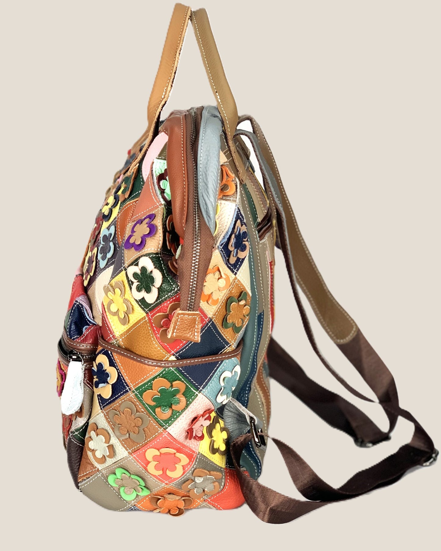 Zaino borsa a mano Valeria in vera pelle modello patchwork multicolore fiorellini