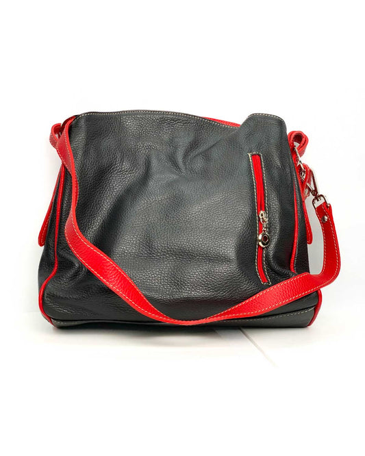 Borsa a spalla donna Maria Giulia in vera pelle made in italy - Nero con manici rosso