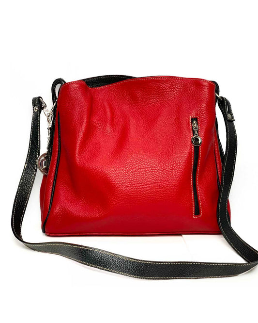 Borsa a spalla donna Maria Giulia in vera pelle made in italy - Rosso con manici Nero