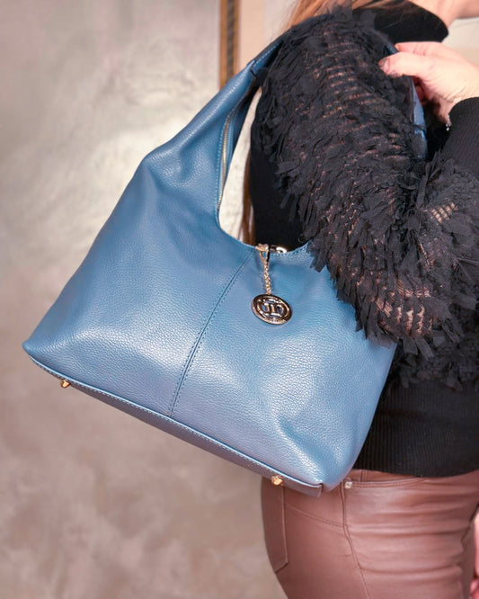 Borsa Spalla Hobo Donna Laura Vera Pelle Ceruleo Azzurro