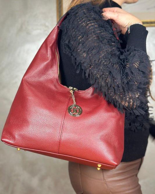 Borsa Spalla Hobo Donna Laura Vera Pelle Rosso scuro