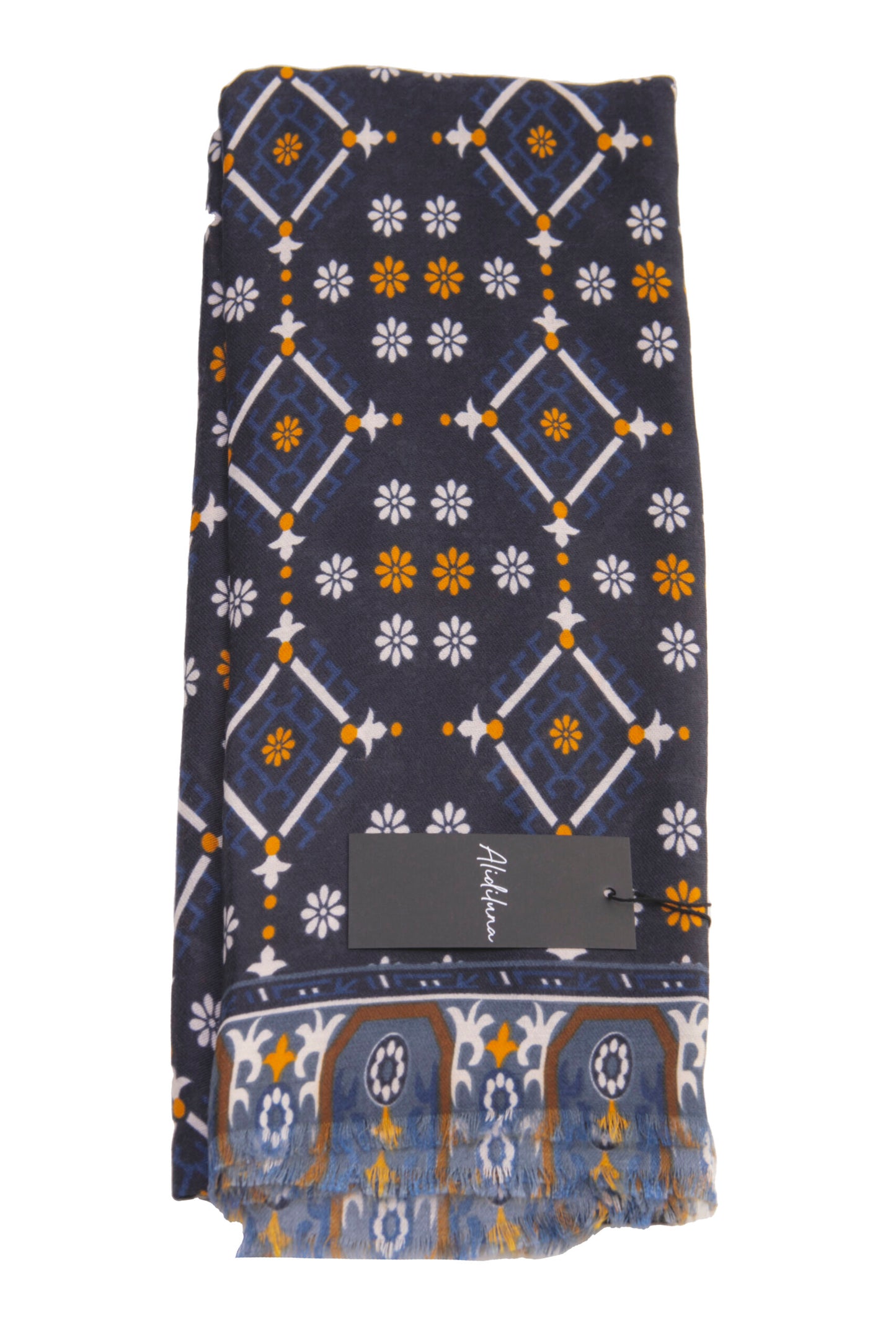 Scarf, foulard, Pashmina for men and women in wool and acrylic, blue with geometric floral motifs