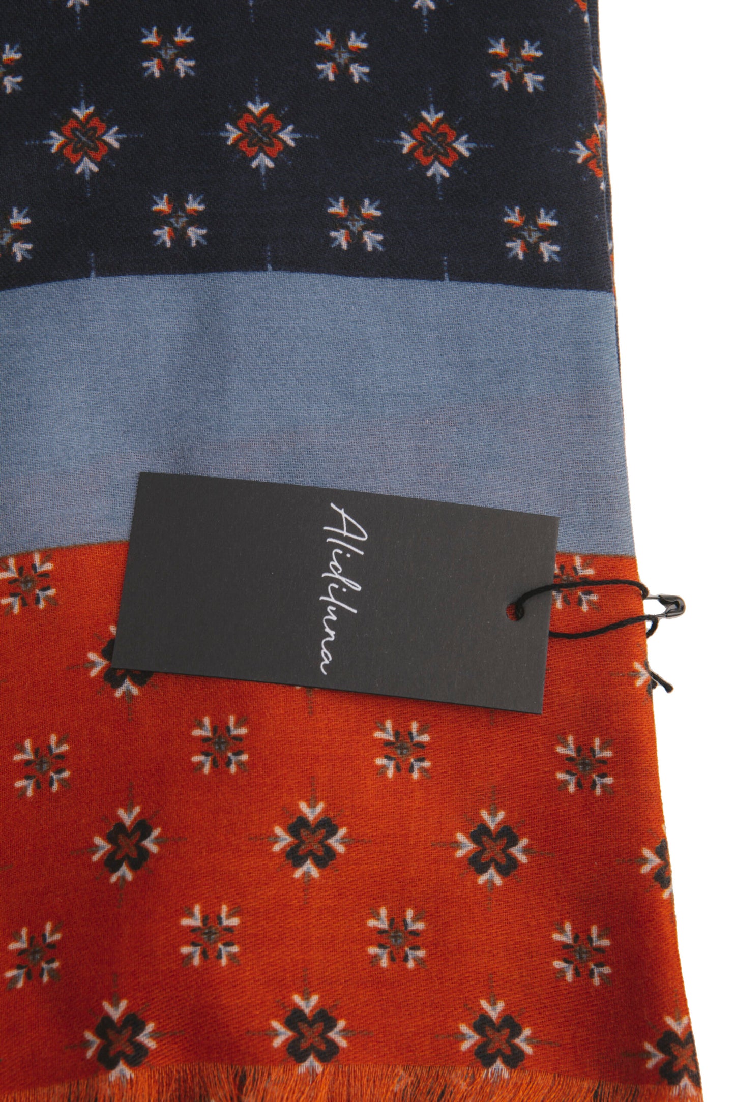 Sciarpa, foulard, Pashmina Uomo/Donna in Lana e Acrilico Blu con motivi geometri e fascia Celeste Arancione