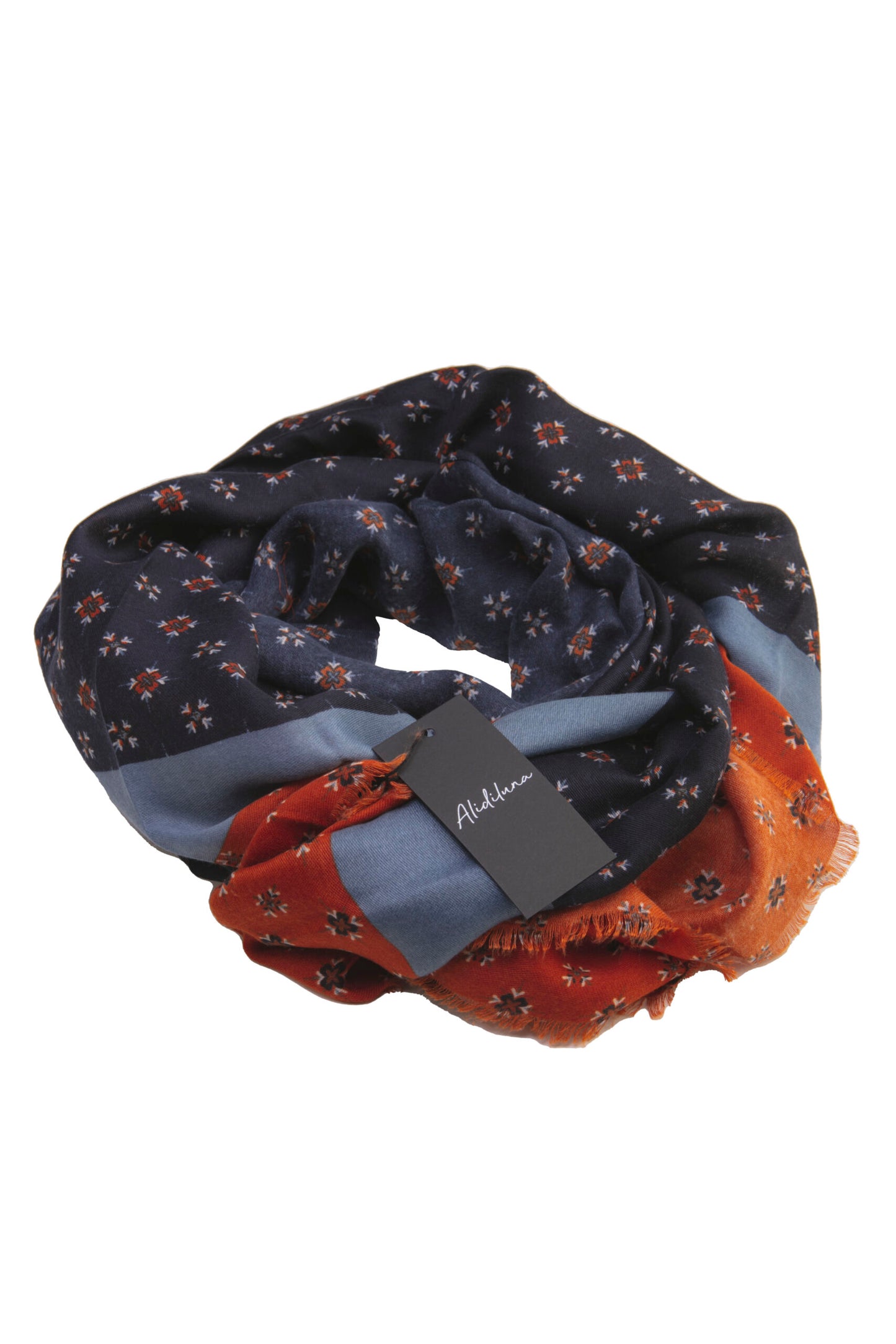 Sciarpa, foulard, Pashmina Uomo/Donna in Lana e Acrilico Blu con motivi geometri e fascia Celeste Arancione