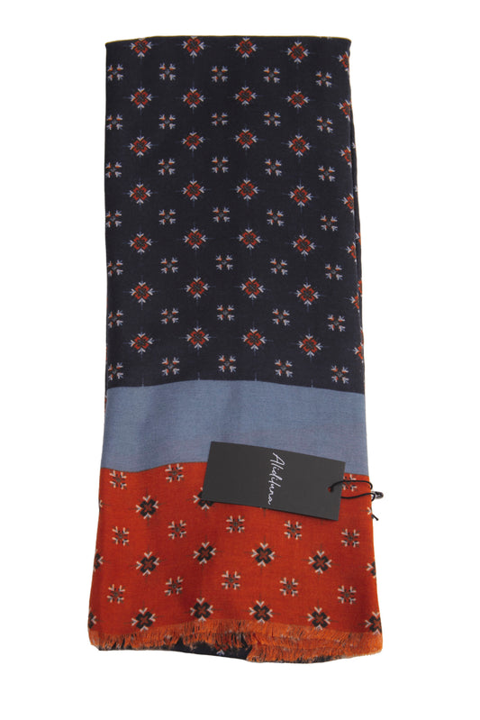 Sciarpa, foulard, Pashmina Uomo/Donna in Lana e Acrilico Blu con motivi geometri e fascia Celeste Arancione