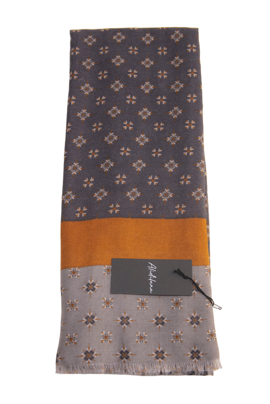 Sciarpa, foulard, Pashmina  Uomo/Donna in Lana e Acrilico Grigio scuro motivi geometrici con fascia ocra e grigio chiaro